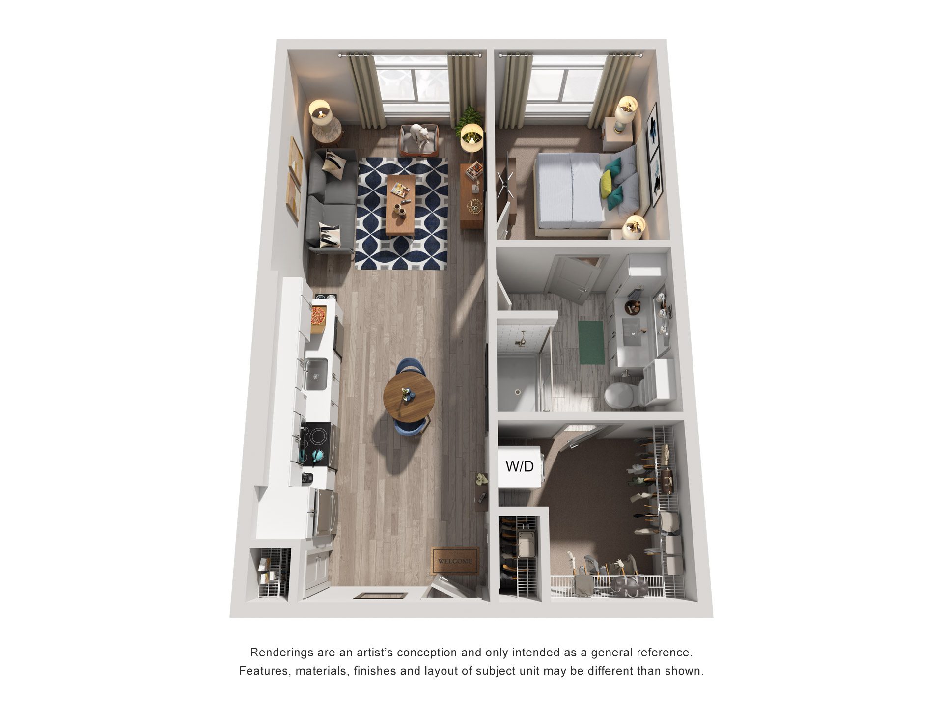 Floor plan for 1 bed, 1 bath, 666 sqft